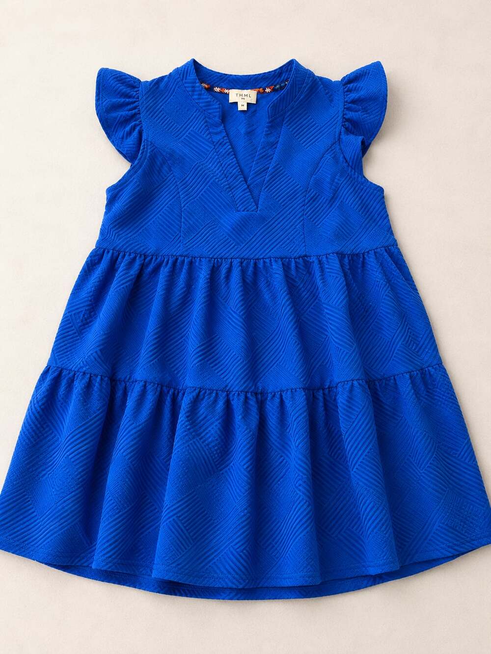 Umgee Royal Blue V-Neck Tiered Ruffle Sleeve Dress Size L (01)